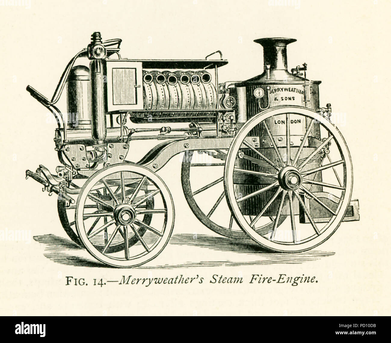 Questa illustrazione risale al 1870 e mostra Merryweather vapore del motore Fire. Merryweather &figli era un 1800s ferma in Clapham (successivamente Greenwich) sezione di Londra che il vapore prodotto motori Fire e tram a vapore motori. Essi avevano caldaia verticale (come si vede qui) che hanno messo su una piattaforma che è stata poi trainata da cavalli. È migliorata la pressione di fuoco - grande per la lotta contro gli incendi. Foto Stock