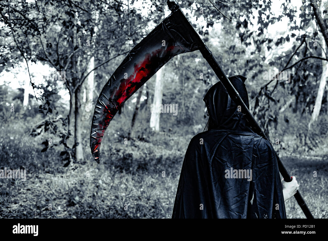 Vista posteriore di demon strega con reaper e sangue nel mistero foresta. L' orrore e la nozione di Ghost. Il giorno di Halloween e spaventoso tema scena. Foto Stock