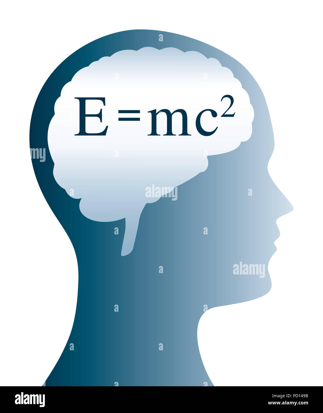 Formula di Einstein nella forma del cervello e la silhouette di una testa. E=mc2 in fisica è la formula per energia di massa di equivalenza. Foto Stock