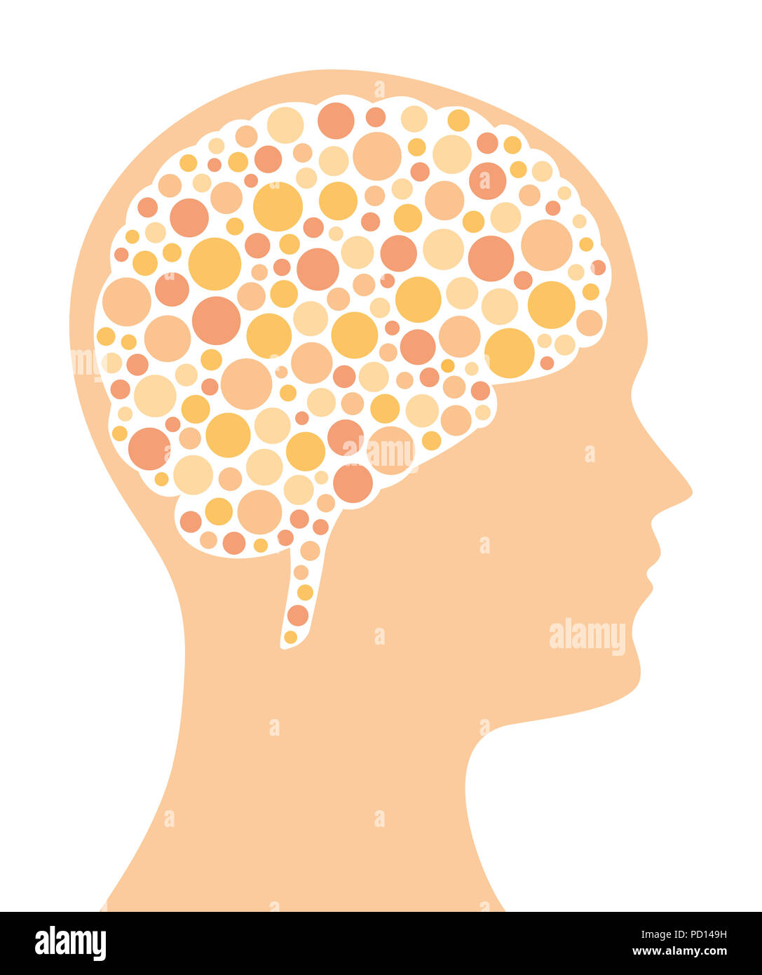 Molti punti colorati in un cervello nella forma e nel la silhouette di una testa. Modello punteggiato. Un simbolo per le idee, il modo di pensare e di immaginazione e creatività. Foto Stock