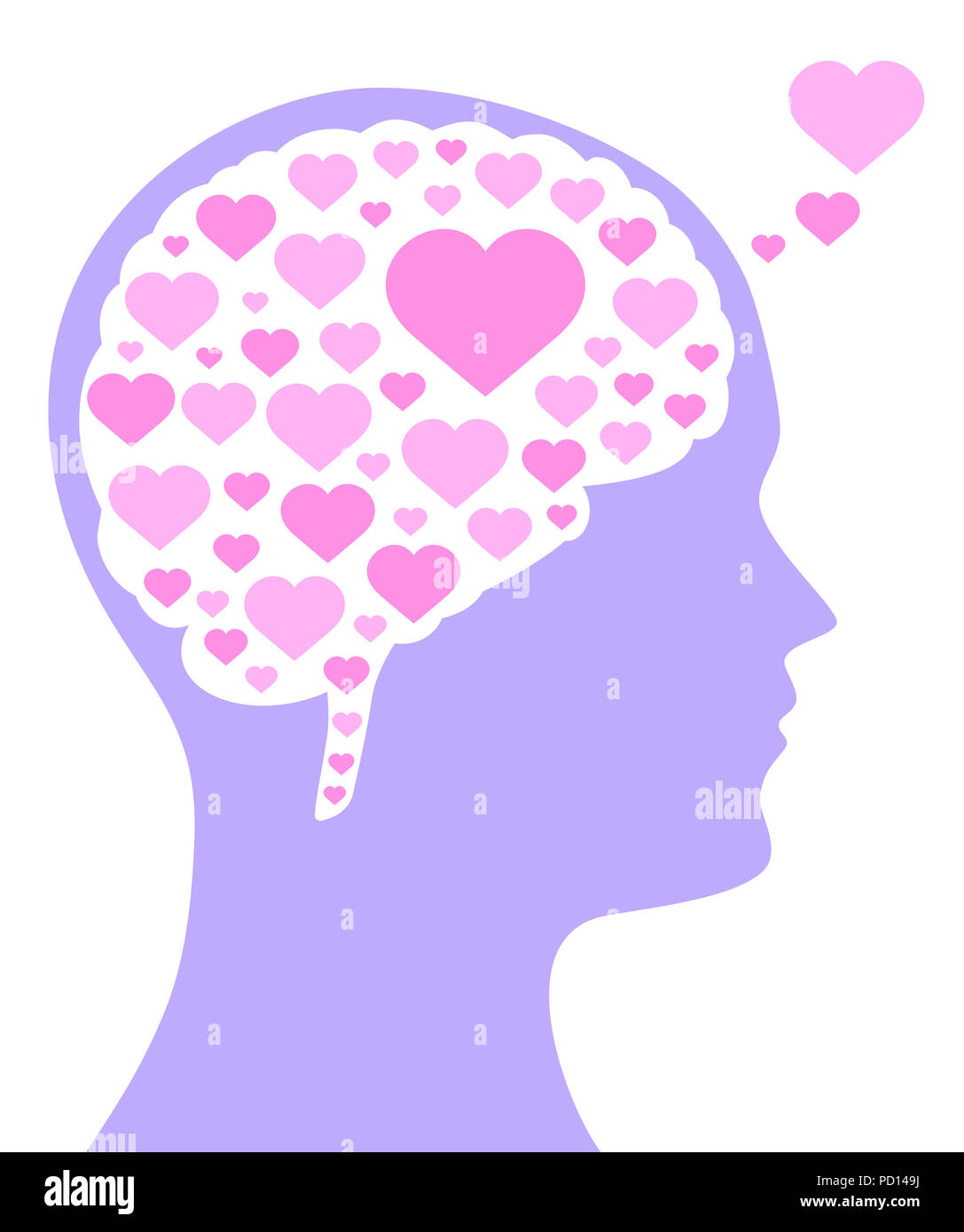 Colore rosa cuori in un cervello nella forma e nel viola la silhouette di una testa. Un simbolo per caduta o essendo in amore, simpatia, di emozioni e di affetto. Foto Stock