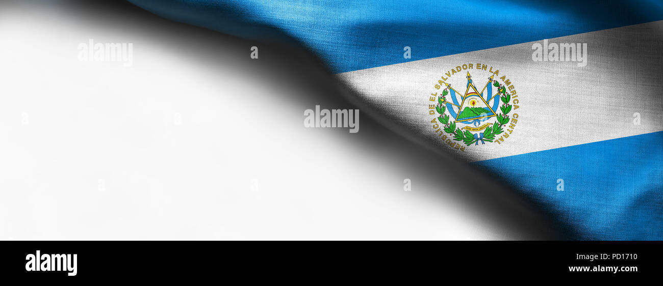 Sventolando tessuto astratto El Salvador bandiera su bianco backgroun Foto Stock