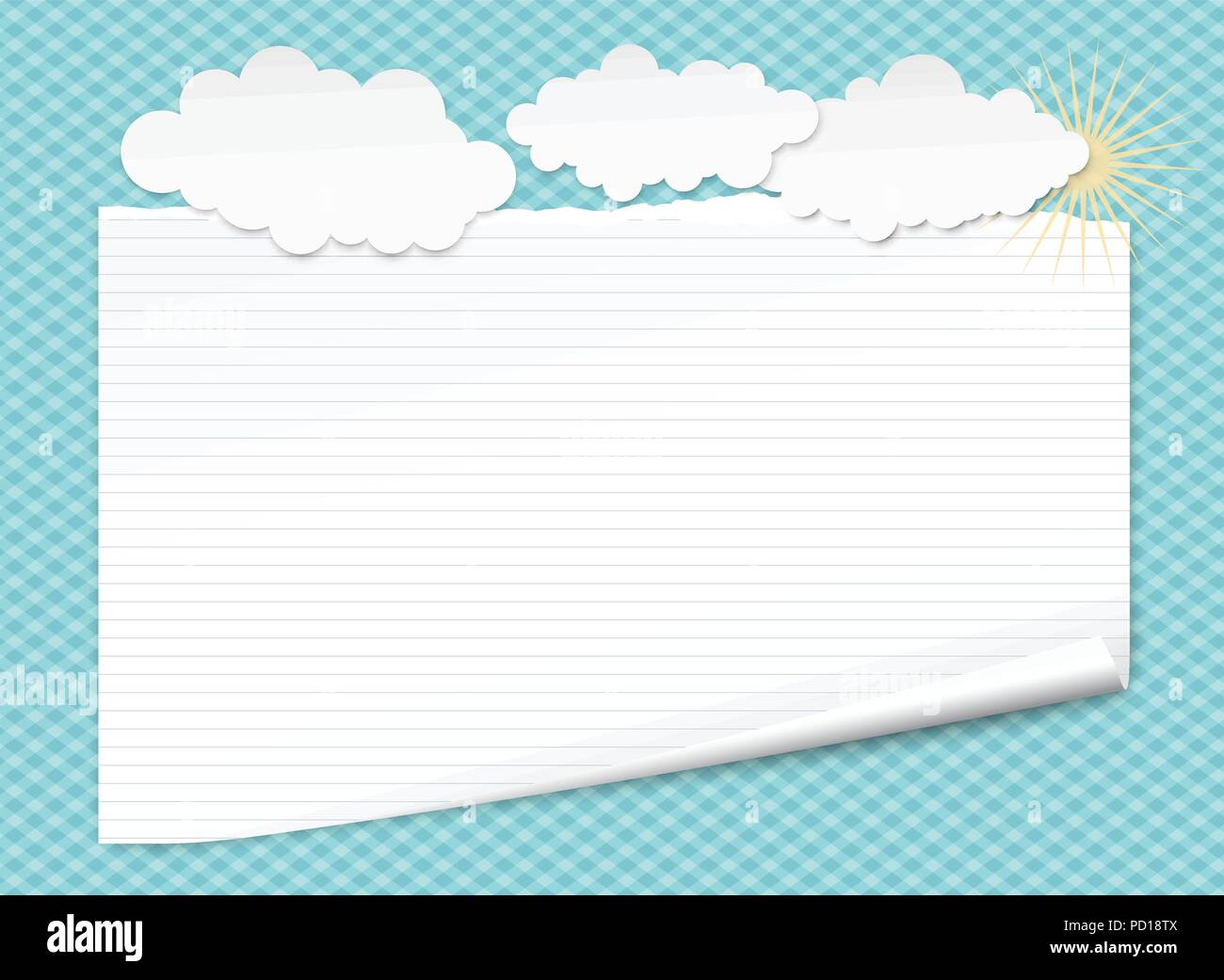 Bianco per notebook rivestito di carta con angolo arricciato per testo o messaggio pubblicitario sul quadrato blu sfondo con nuvole e sole Illustrazione Vettoriale