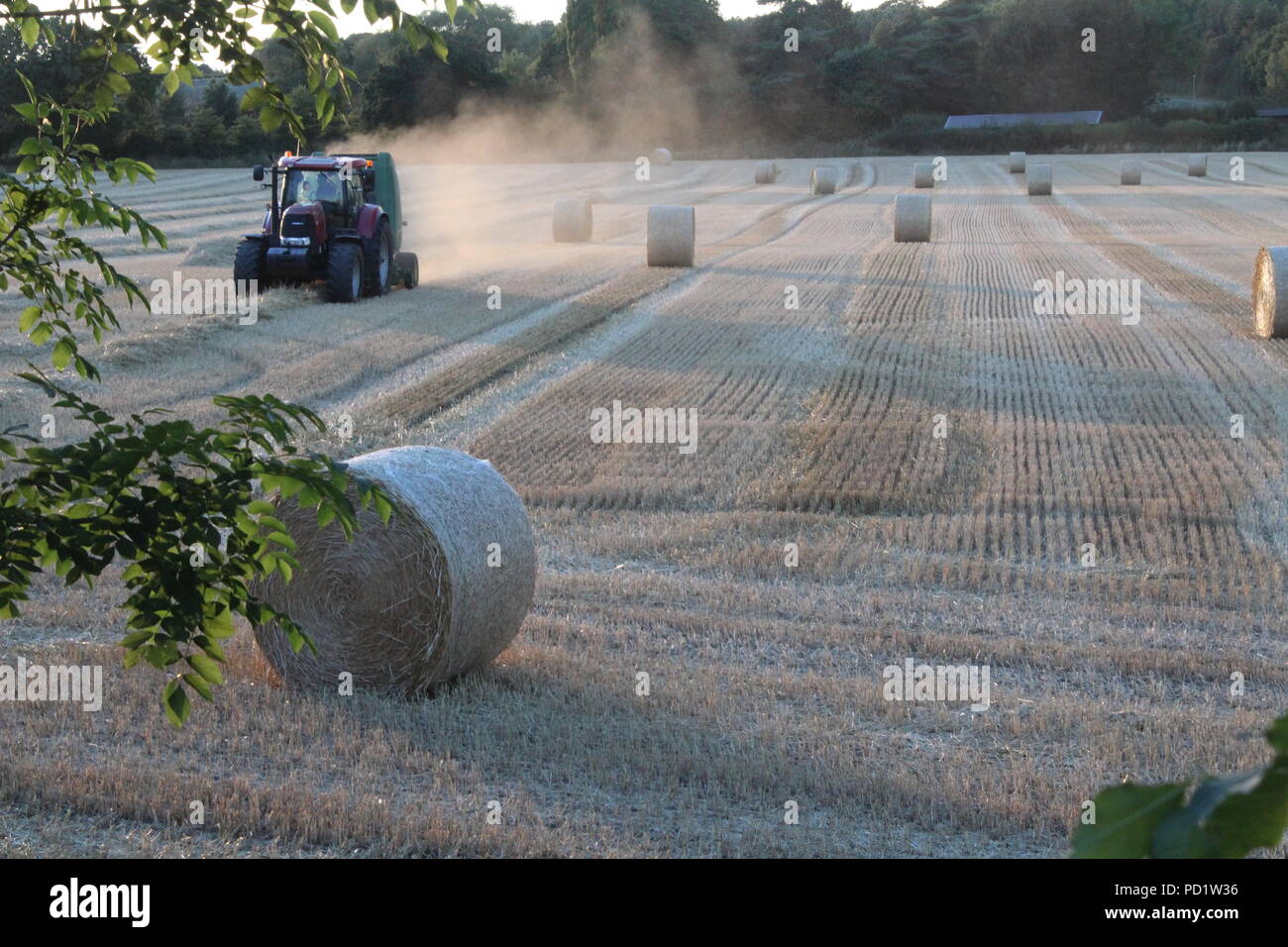 Coltivatore di terra di lavoro ruotando la paglia in rotoballe di fieno in serata sole West Yorkshire NEL REGNO UNITO Foto Stock