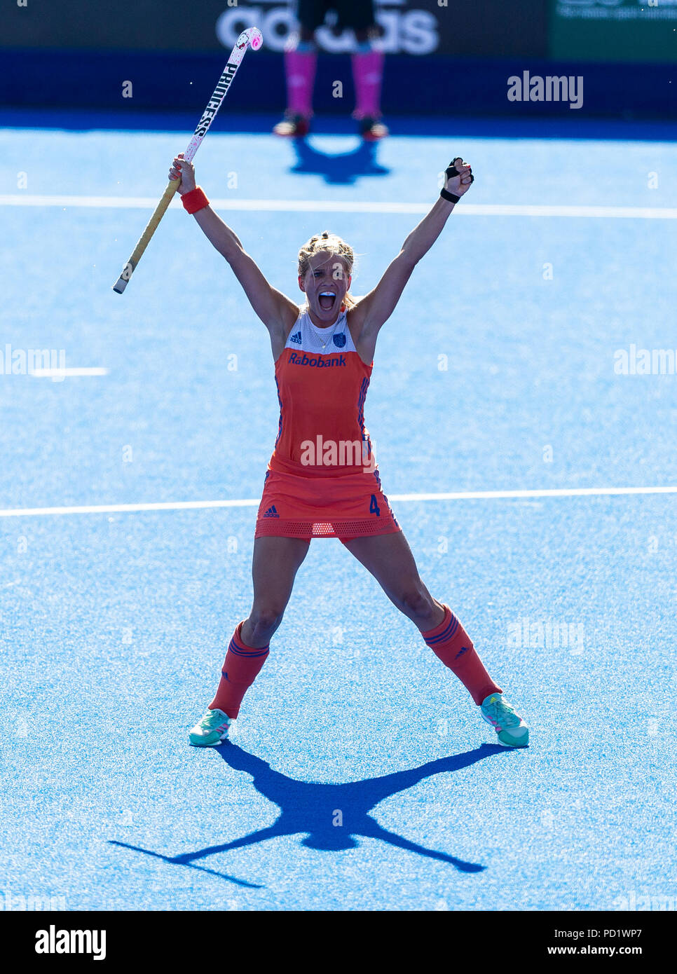 In Olanda la Kitty van maschio punteggio celebra il loro terzo obiettivo durante la vitalità delle donne di hockey della finale di Coppa del Mondo a Lee Valley Hockey e Tennis Centre di Londra. PRESS ASSOCIATION Foto, Immagine Data: domenica 5 agosto 2018. Foto di credito dovrebbe leggere: Paul Harding/PA FILO Foto Stock