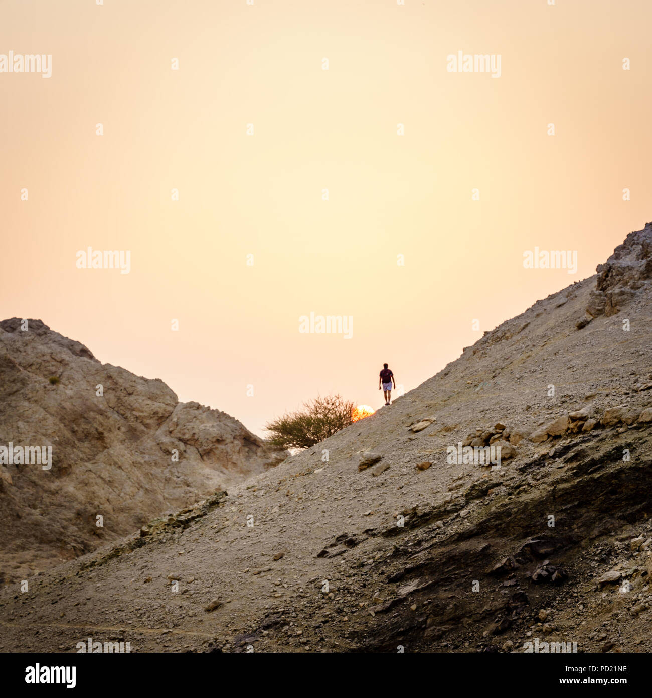 Escursionista è guardare il tramonto in montagne Hajar di Ras Al Khaimah negli Emirati arabi uniti Foto Stock