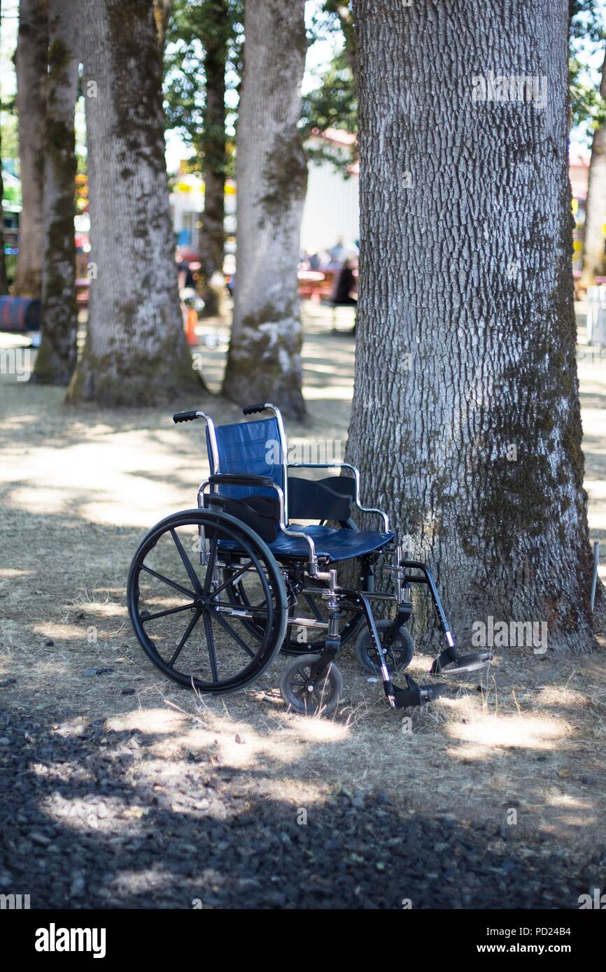 Una sedia a rotelle vuota accanto a un albero in un campeggio in Oregon, USA. Foto Stock