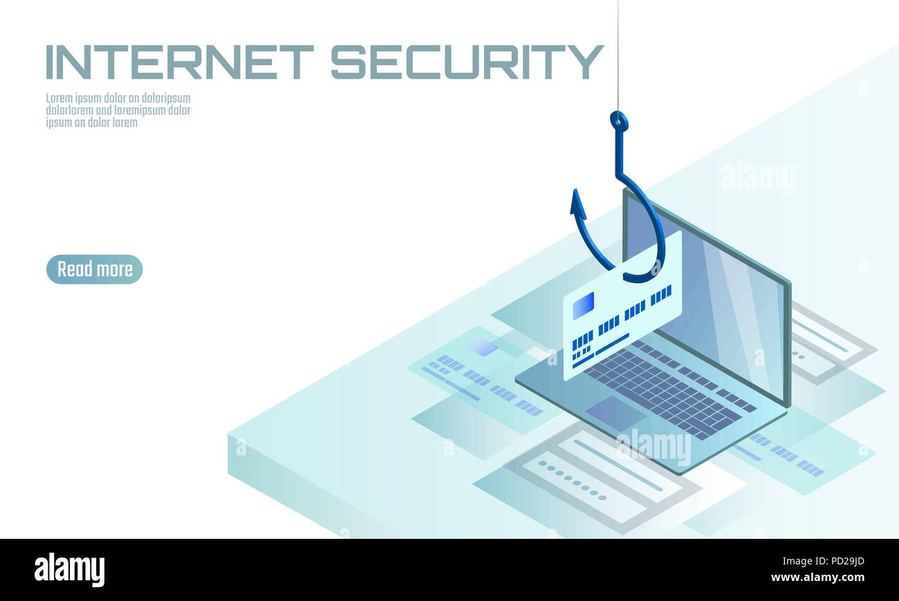 Isometrica, 3D portatile carta di credito cvv password phishing. Le informazioni personali dell'account di posta elettronica truffa online hacker. Lo spam antivirus internet security spam concetto modello di pagina di intestazione della scheda illustrazione vettoriale Illustrazione Vettoriale