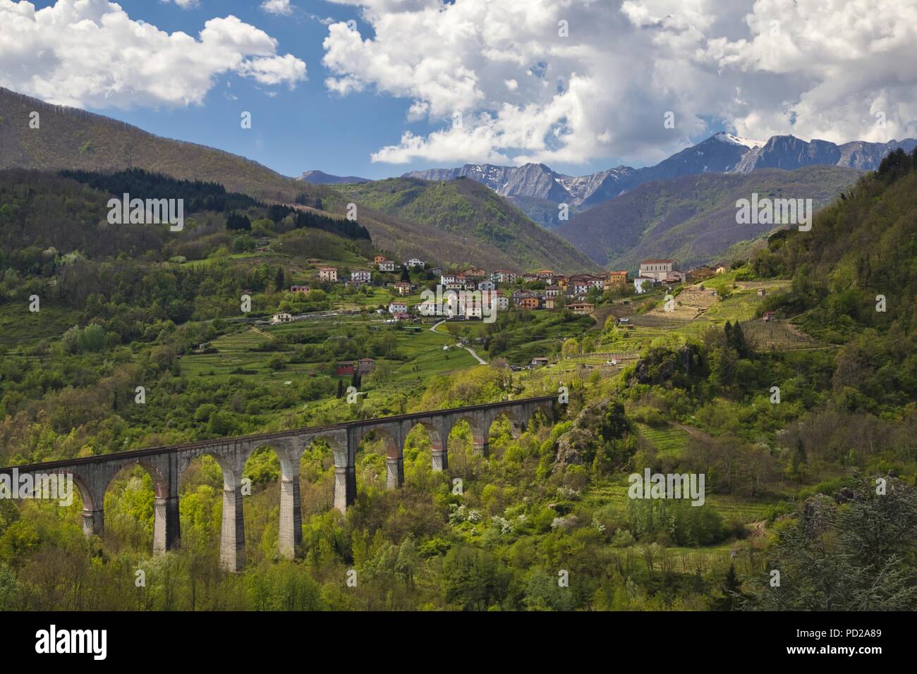 Viadotto ferroviario nei pressi del villaggio di Poggio in alto la valle del Serchio, Appennino, Toscana, Italia Foto Stock