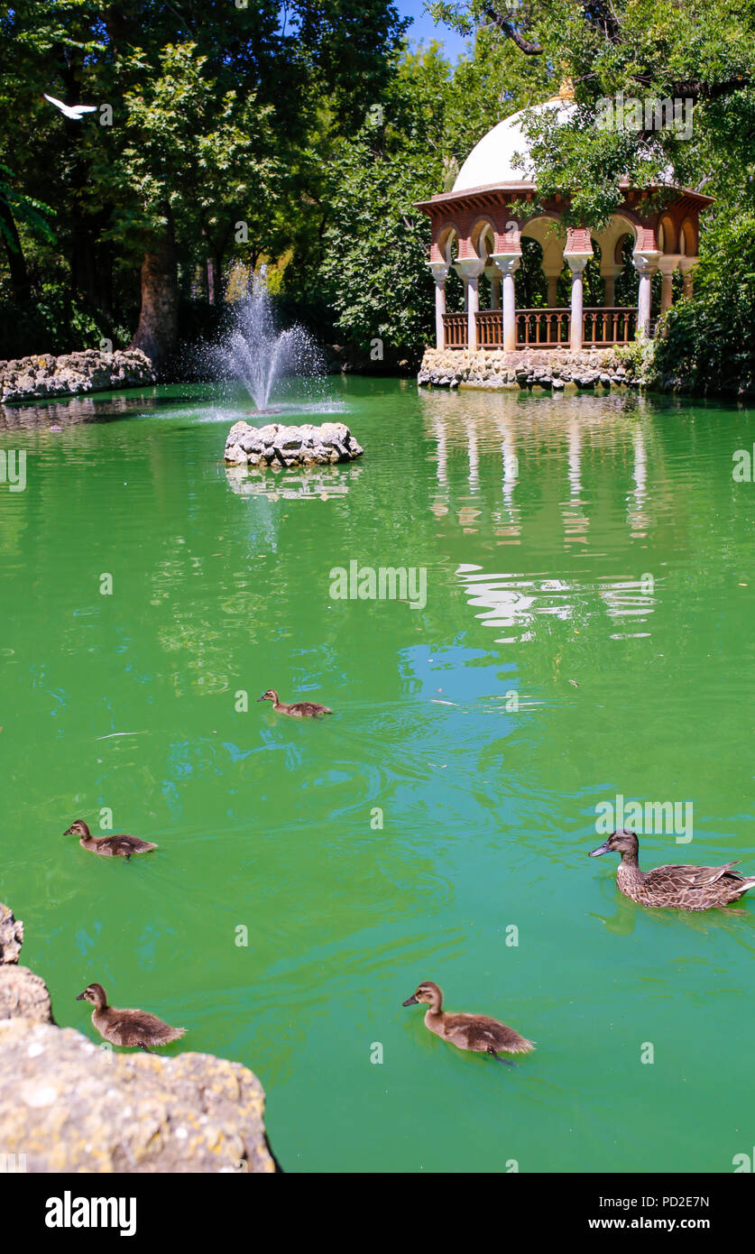 Parco Maria Luisa stagno, Siviglia, in Andalusia, Spagna. Romantico padiglione Foto Stock