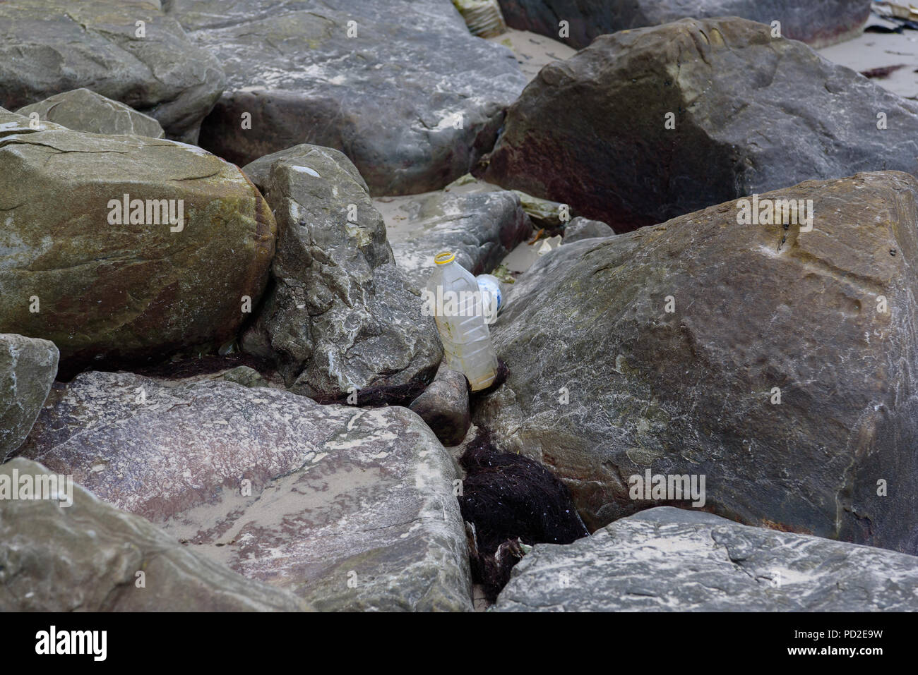 Eventuali fuoriuscite di immondizia sulla spiaggia della grande città. Inquinamento ambientale. Vuoto Utilizzato sporca di bottiglie in plastica Foto Stock