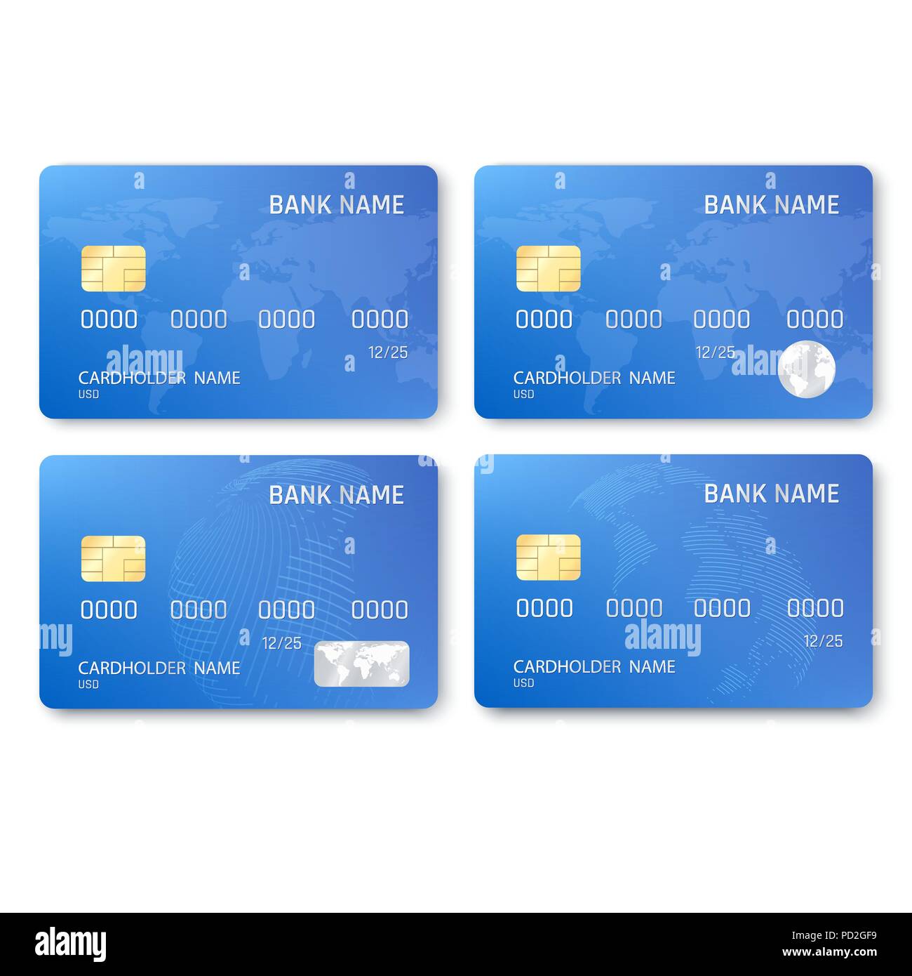 Set di realistica carta di credito modello. Blu in plastica di carte di credito con chip e mappa immagine. Illustrazione di vettore isolato su sfondo bianco Illustrazione Vettoriale