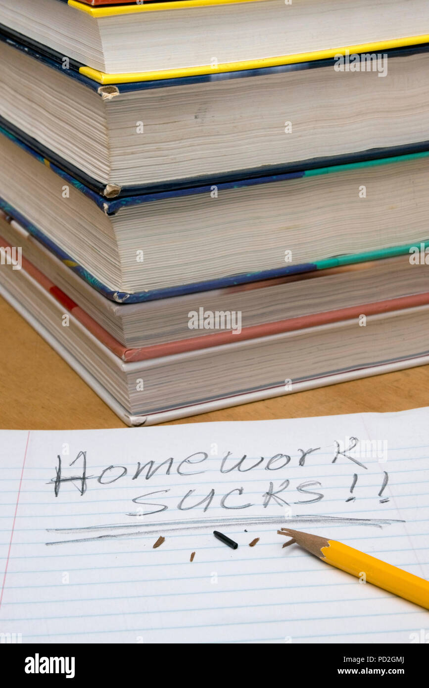 Pila di libri scolastici e compiti aspira in notebook Foto Stock