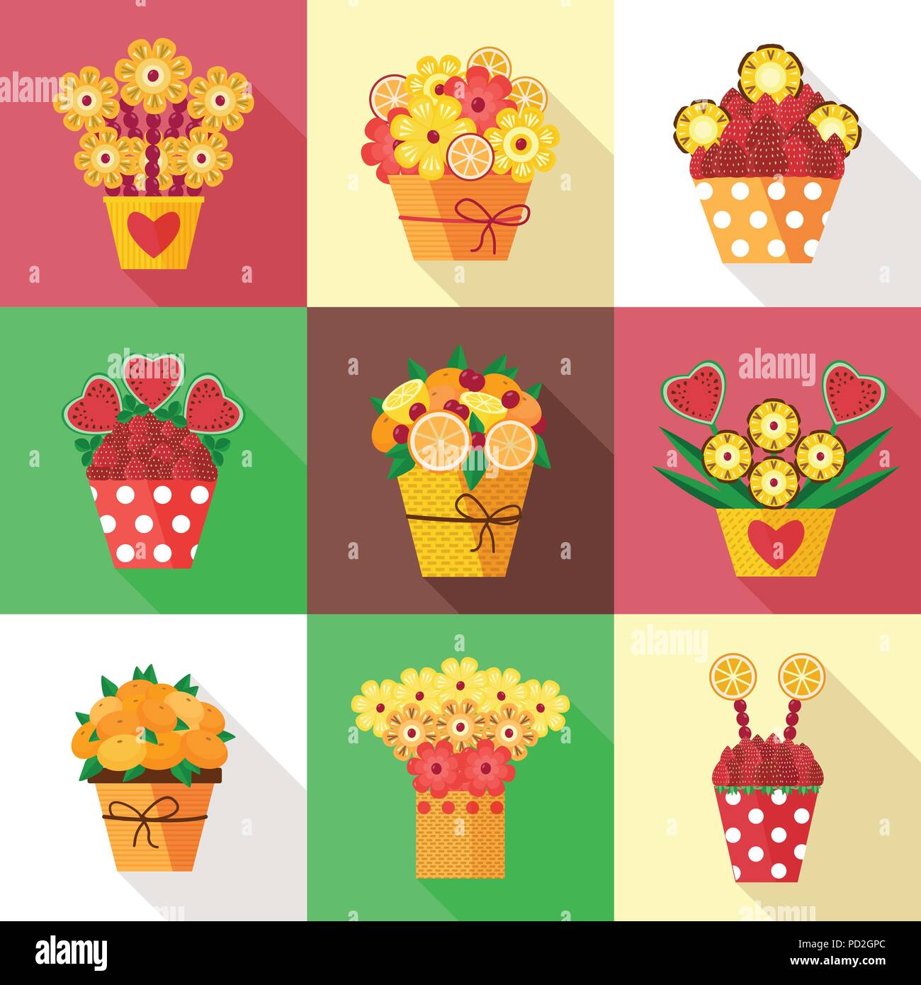 Un assortimento di coloratissimi frutti e bacche disposte in un bouquet decorativo. Vasi differenti con frutti in fiore scolpito come fiori. Fragole fresche, pi Illustrazione Vettoriale