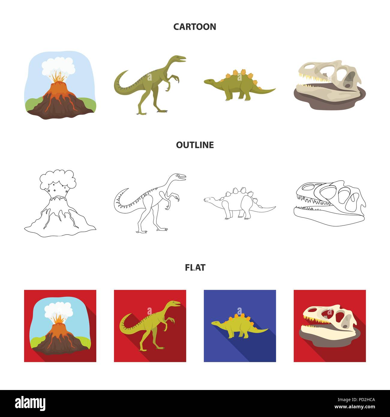 Eruzione vulcanica, gallimimus, stegosaurus,teschio di dinosauro. Dinosauro e periodo preistorico set di icone di raccolta in cartoon,contorno,stile piatto vettore s Illustrazione Vettoriale