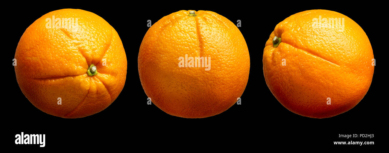Gruppo di arance frutto isolato su sfondo nero Foto Stock