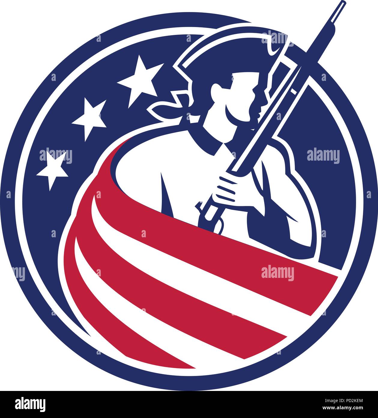 Icona di mascotte illustrazione di un american patriot, minuteman, Soldato Rivoluzionario con moschetto fucile drappeggiati negli Stati Uniti a stelle e strisce star lamas bann Illustrazione Vettoriale