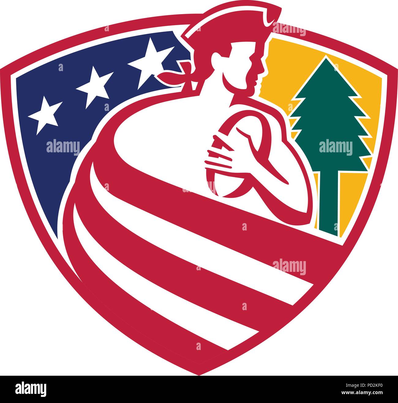 Icona di mascotte illustrazione di un american patriot come giocatore di rugby con la palla e pino drappeggiati negli Stati Uniti a stelle e strisce star lamas banner flag impostato Illustrazione Vettoriale