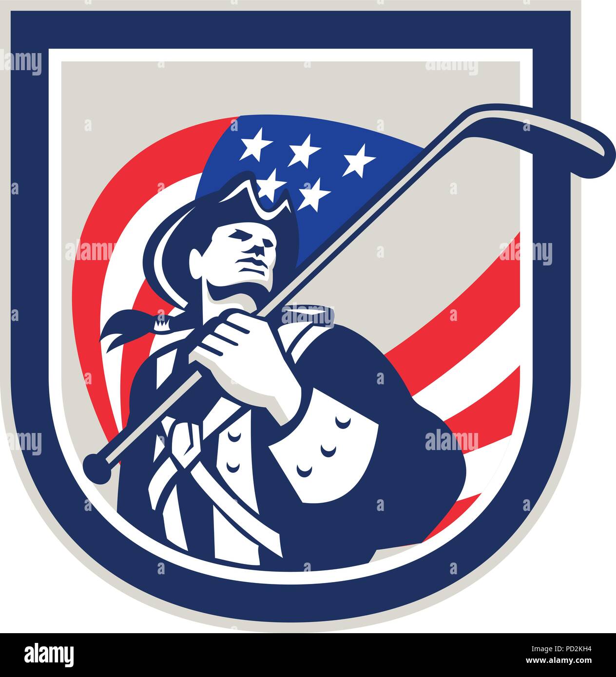 Illustrazione di un American Patriot tenendo un Stati Uniti a stelle e strisce bandiera su ice hockey stick cercando insieme all'interno della schermatura di cresta sulla isolato retro bianco Illustrazione Vettoriale