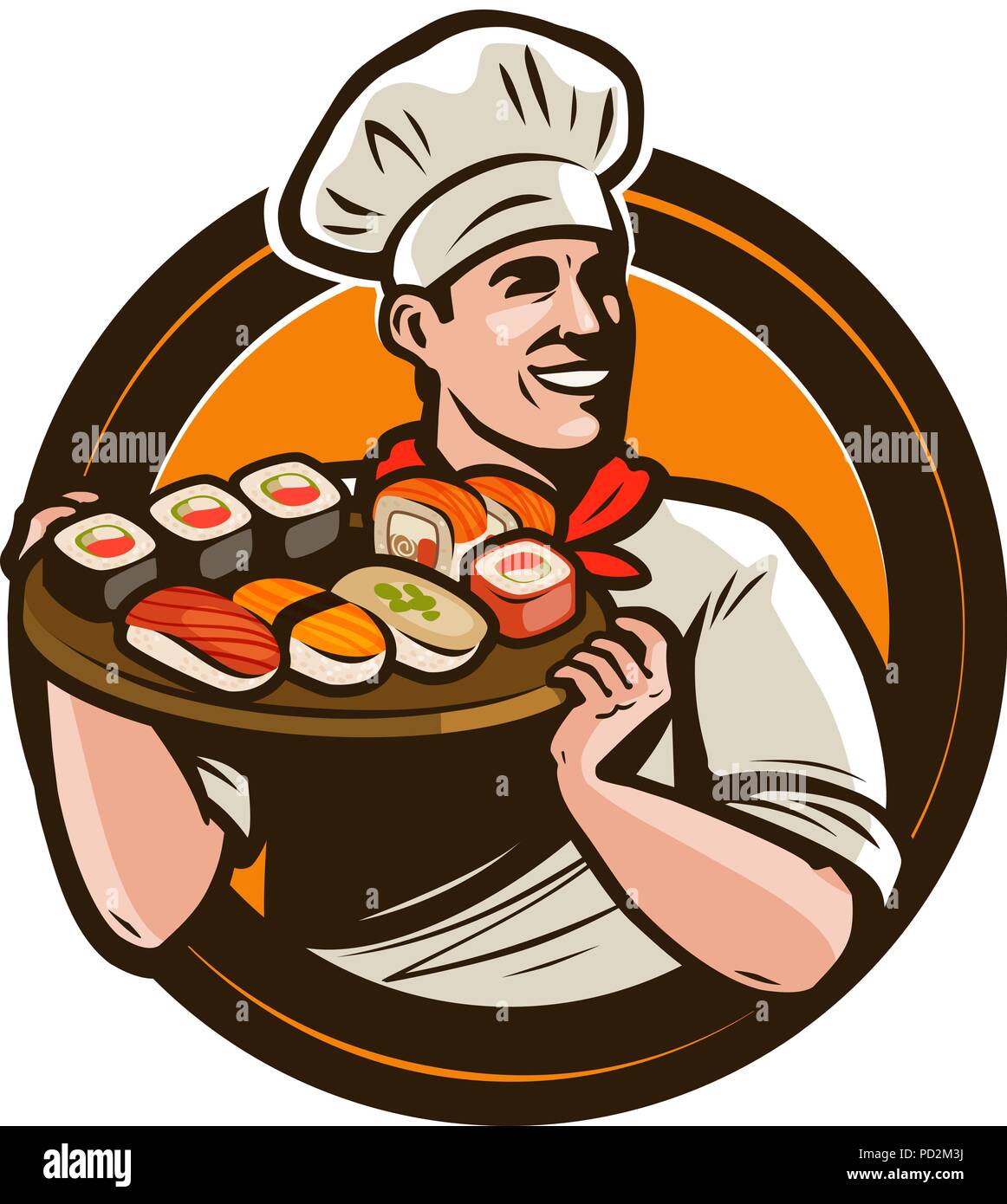 Sushi logo food o etichetta. Pesce e frutti di mare, il ristorante emblema. Illustrazione Vettoriale Illustrazione Vettoriale