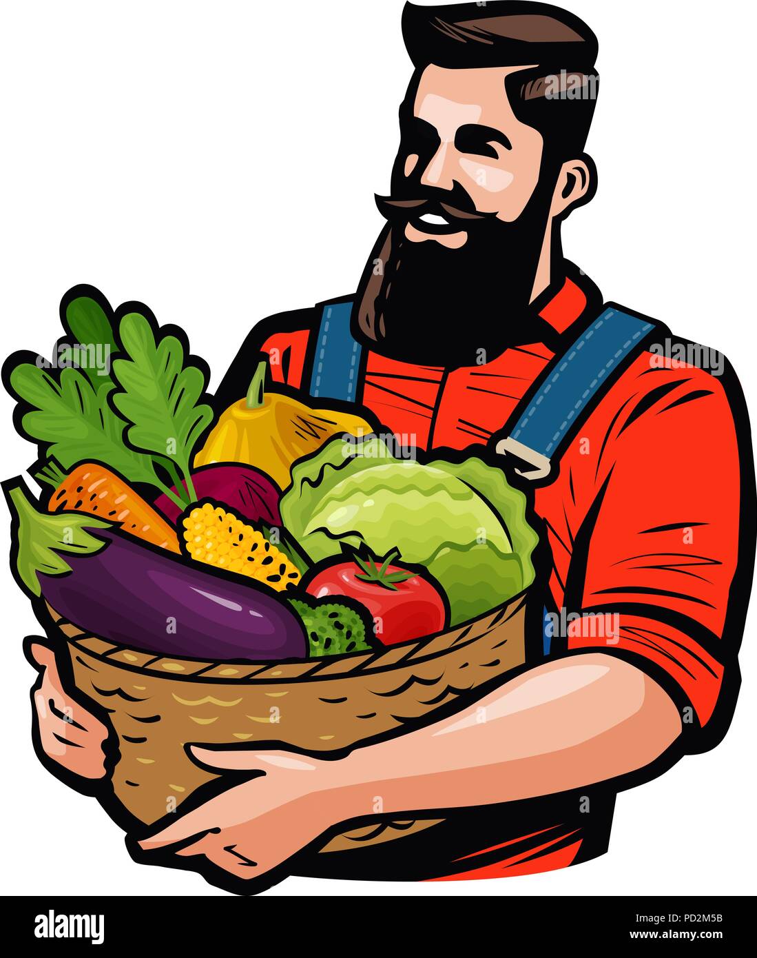L'agricoltore che detiene un cesto pieno di verdure. Agricoltura, concetto di agricoltura. Fumetto illustrazione vettoriale Illustrazione Vettoriale