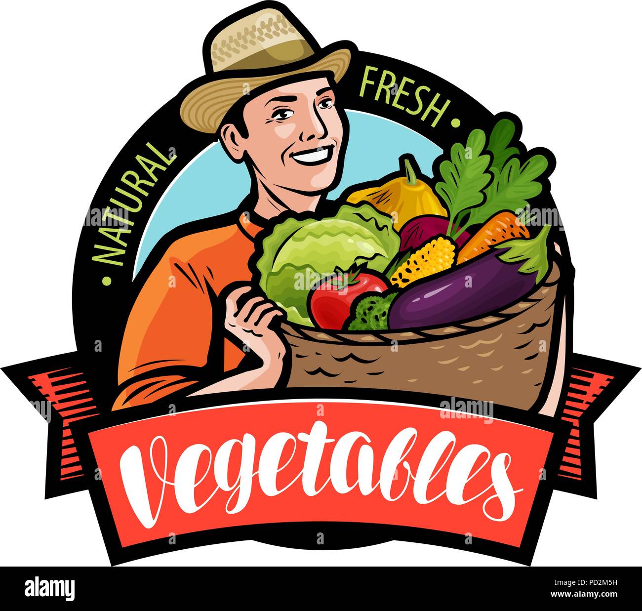 Felice l'agricoltore che detiene cesto in vimini con verdure. Fumetto illustrazione vettoriale Illustrazione Vettoriale