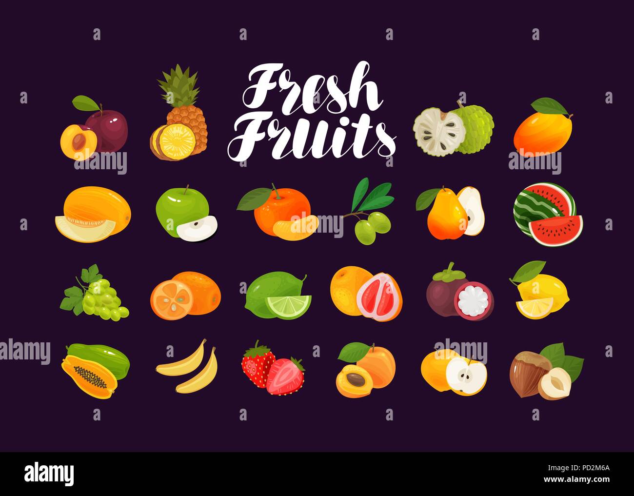 Frutti e bacche, set di icone. Cibo, greengrocery, concetto di fattoria. Illustrazione Vettoriale Illustrazione Vettoriale