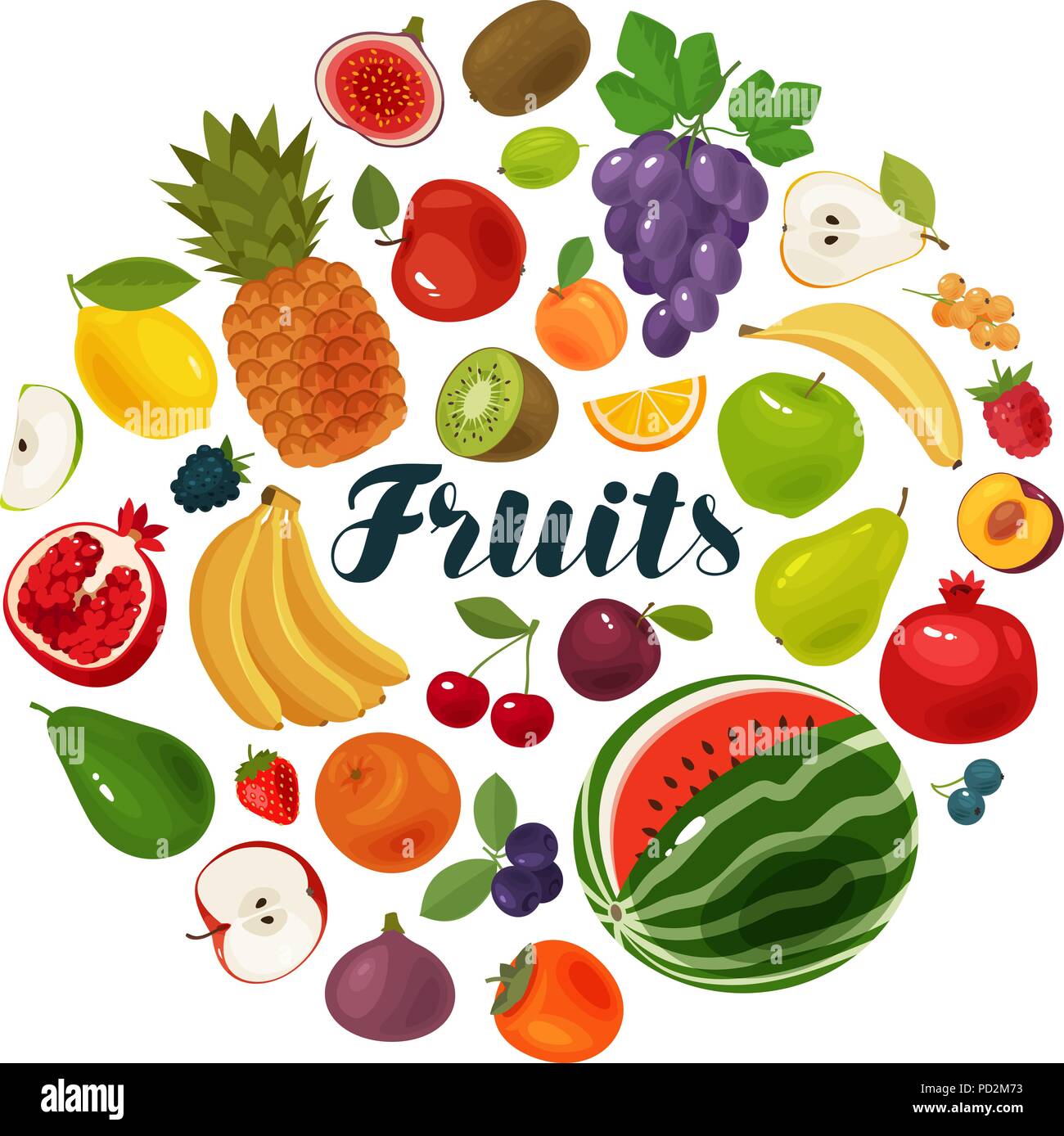 Frutti e bacche. Alimenti naturali, agricoltura icone. Fumetto illustrazione vettoriale Illustrazione Vettoriale