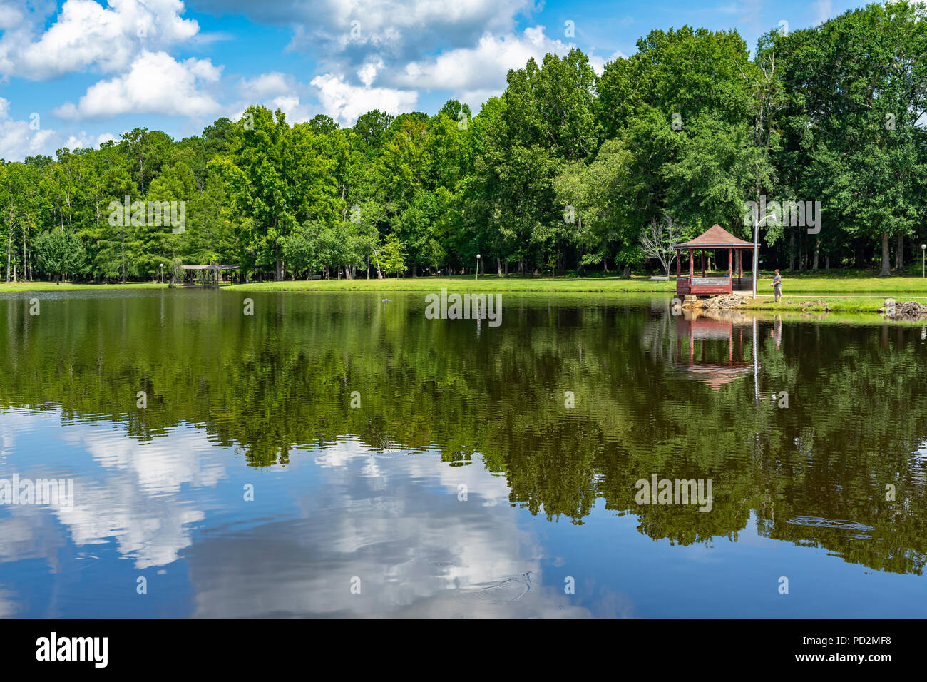 Questo ragazzo è stato spendere il suo mattina facendo qualche Pesca al lago in Guthrie Smith Park di Fayette, Alabama. Foto Stock