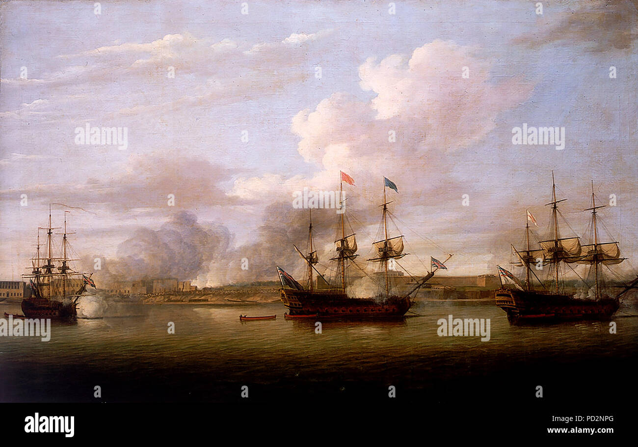 Attacco e cattura della posizione della società francese delle Indie a Chandernagore nel 1757 durante la guerra dei sette anni. Dominic Serres, 1771 Foto Stock