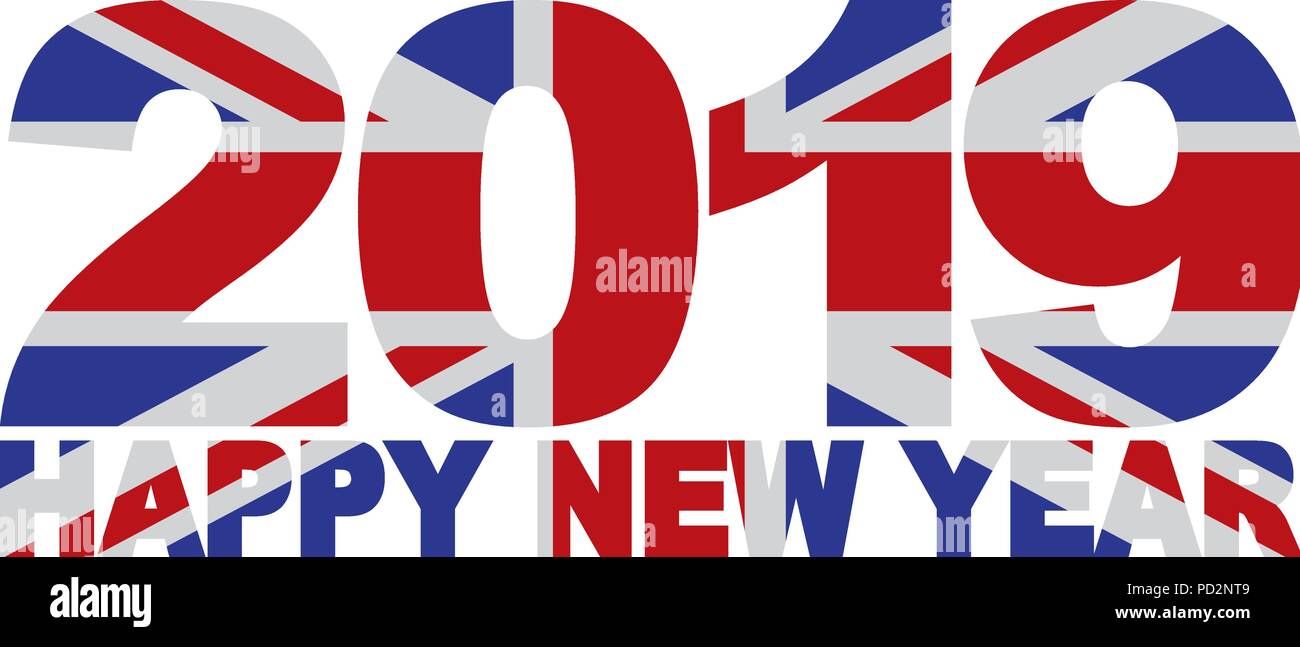2019 Felice anno nuovo Gran Bretagna Union Jack Flag contorno numeri isolati su sfondo bianco illustrazione Illustrazione Vettoriale