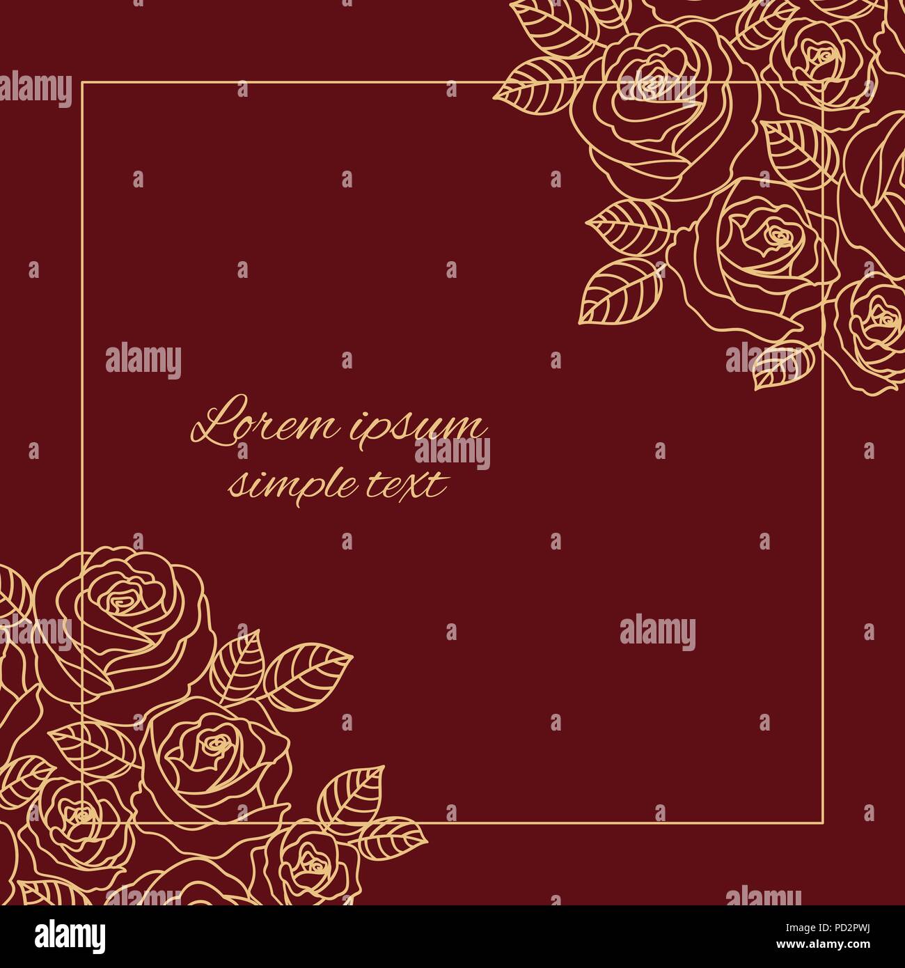 Vector maroon invito a nozze con contorno beige corona di rose e quare frame, copia dello spazio. Design floreale per biglietto di auguri Illustrazione Vettoriale
