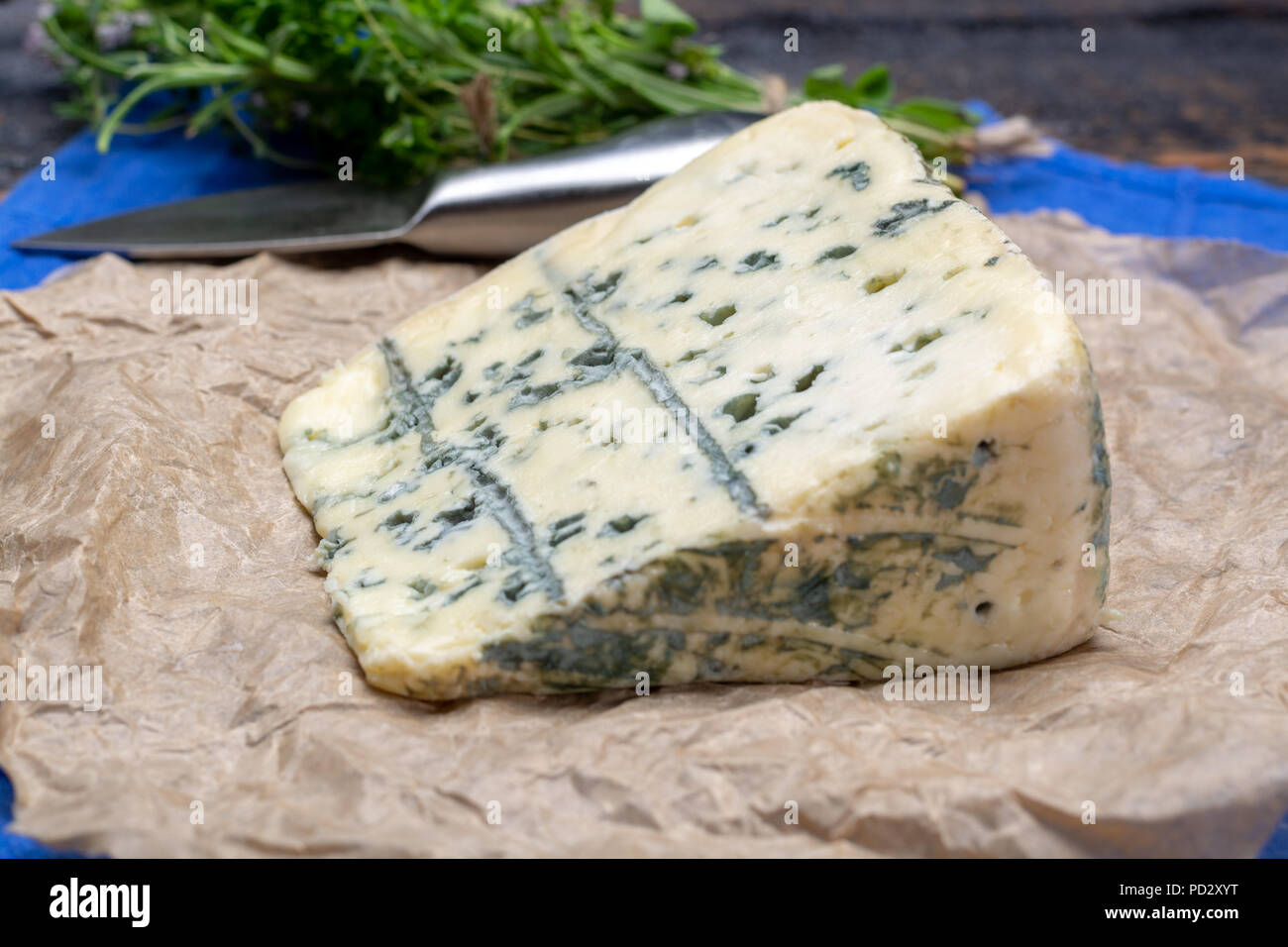 Blue formaggio di latte di vacca con stampo Penicillinum, gustoso formaggio a pasta morbida con odore specifico close up Foto Stock