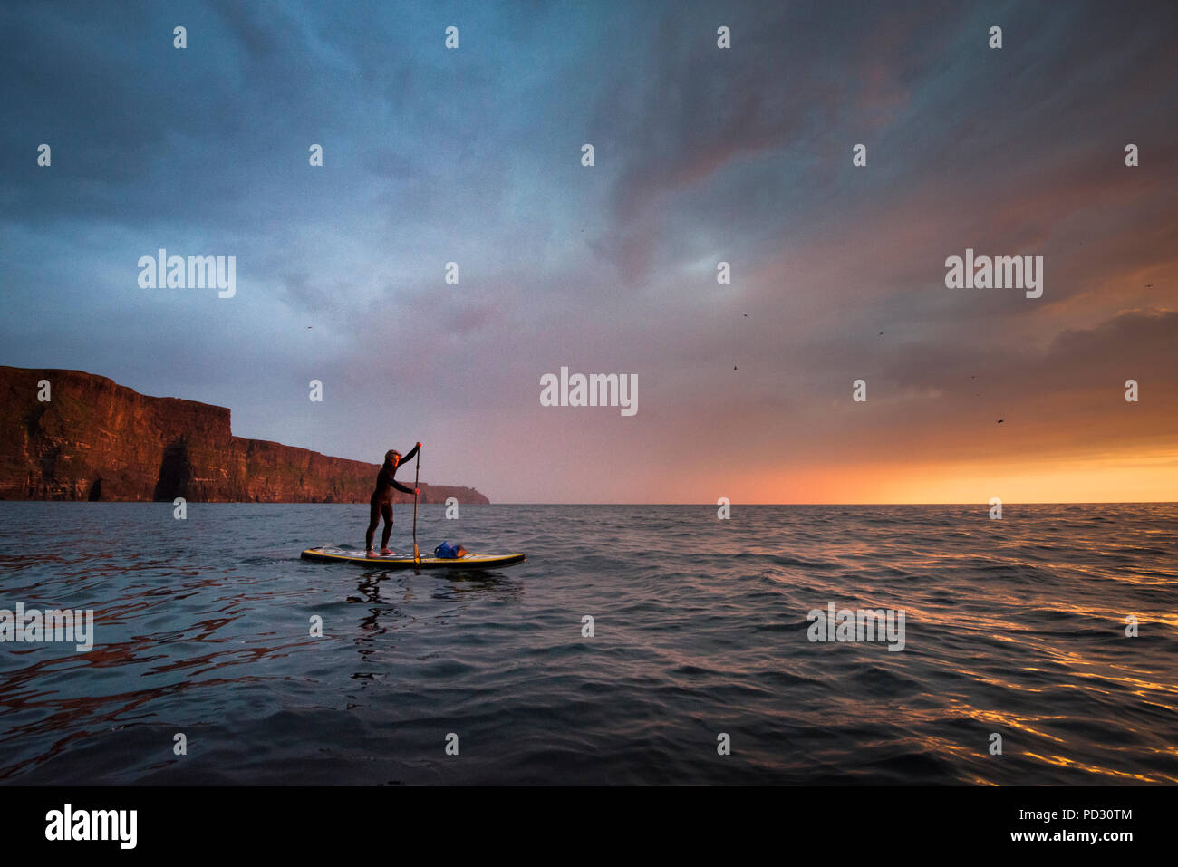 Paddle boarder sull'acqua al tramonto, le scogliere di Moher, Doolin, Clare, Irlanda Foto Stock