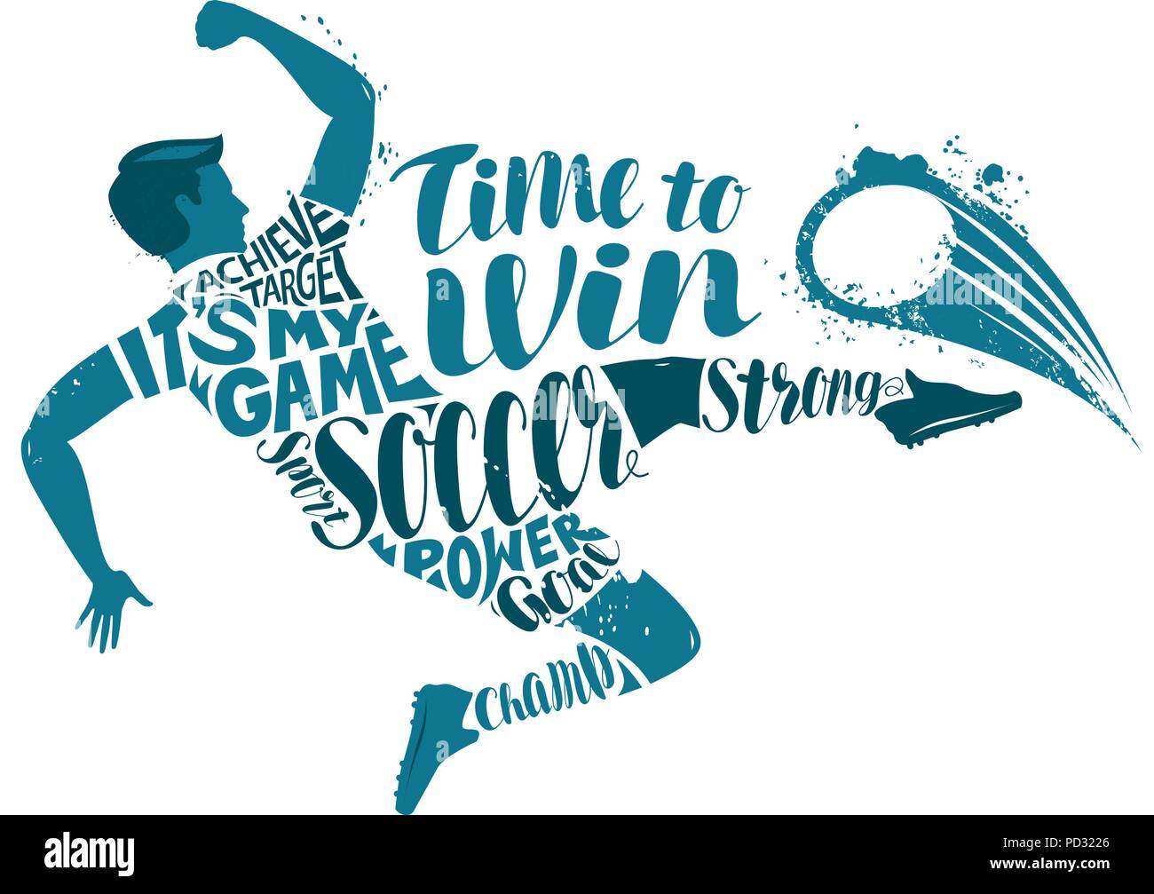 Giocatore di calcio è di colpire la palla in un salto. Disegno tipografica, illustrazione vettoriale Illustrazione Vettoriale