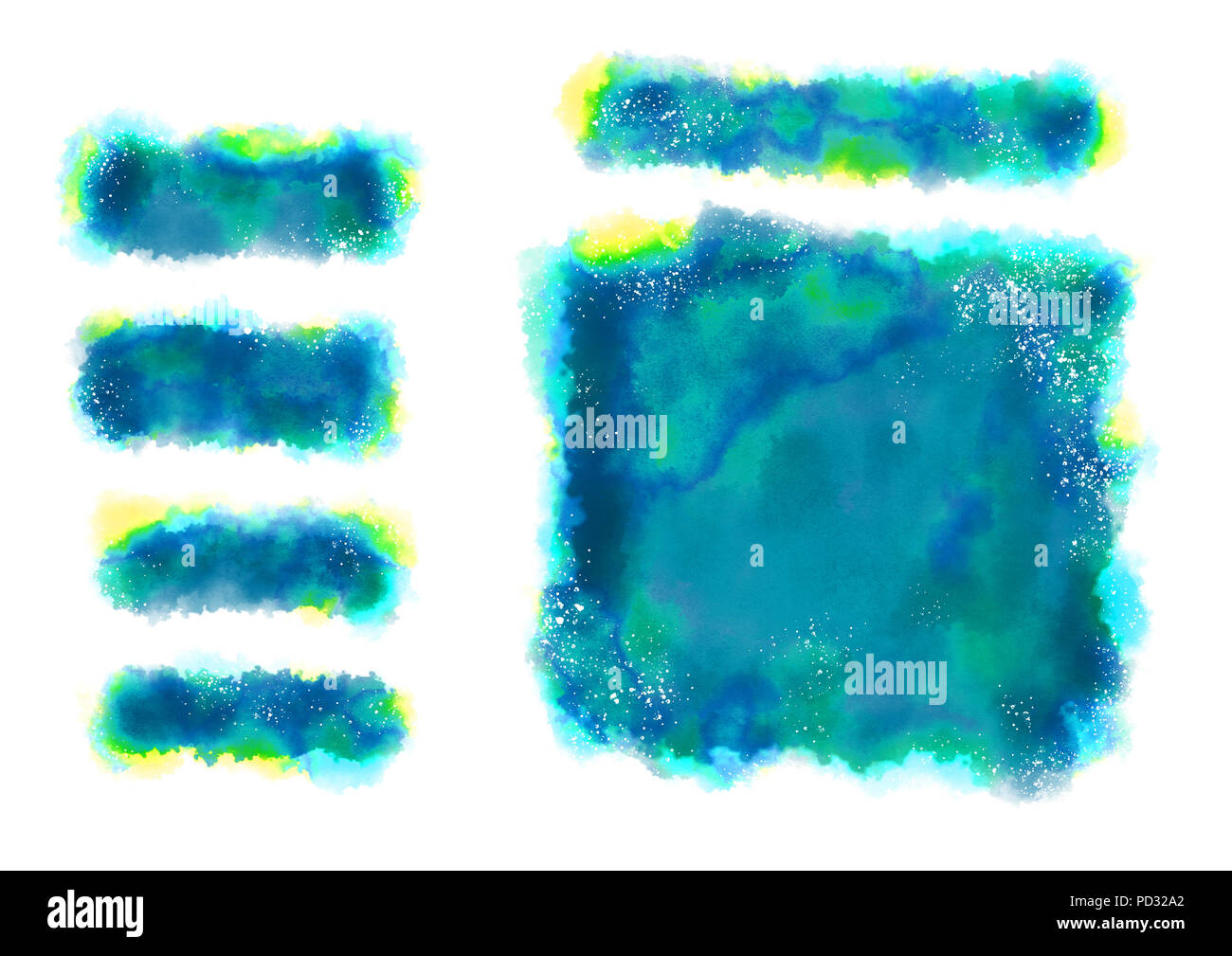 Un acquerello digitale serie di sfondo, con puntini bianchi e i pulsanti di turchese, giallo, blu, verde, teal, colore isolato su uno sfondo bianco. Foto Stock