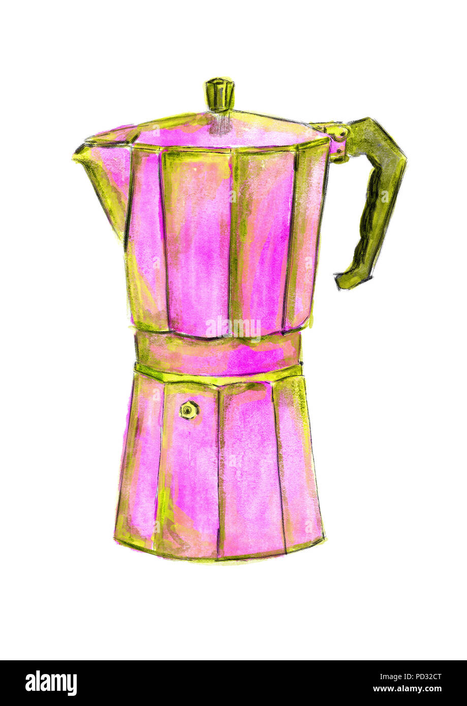 Acquerello digitale illustrazione di una moka pot (MOCA) in una rosa,  giallo, colore arancione, isolato su uno sfondo bianco Foto stock - Alamy