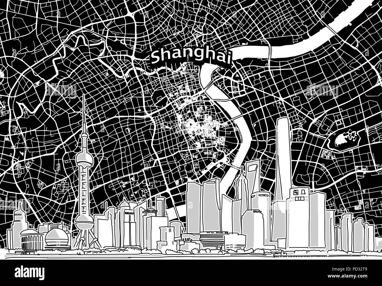 Vettore di disegno di Shangai skyline con mappa. Viaggio in Cina landmark. Bianco e nero illustrazione del coperchio e concetto di sfondo. Illustrazione Vettoriale
