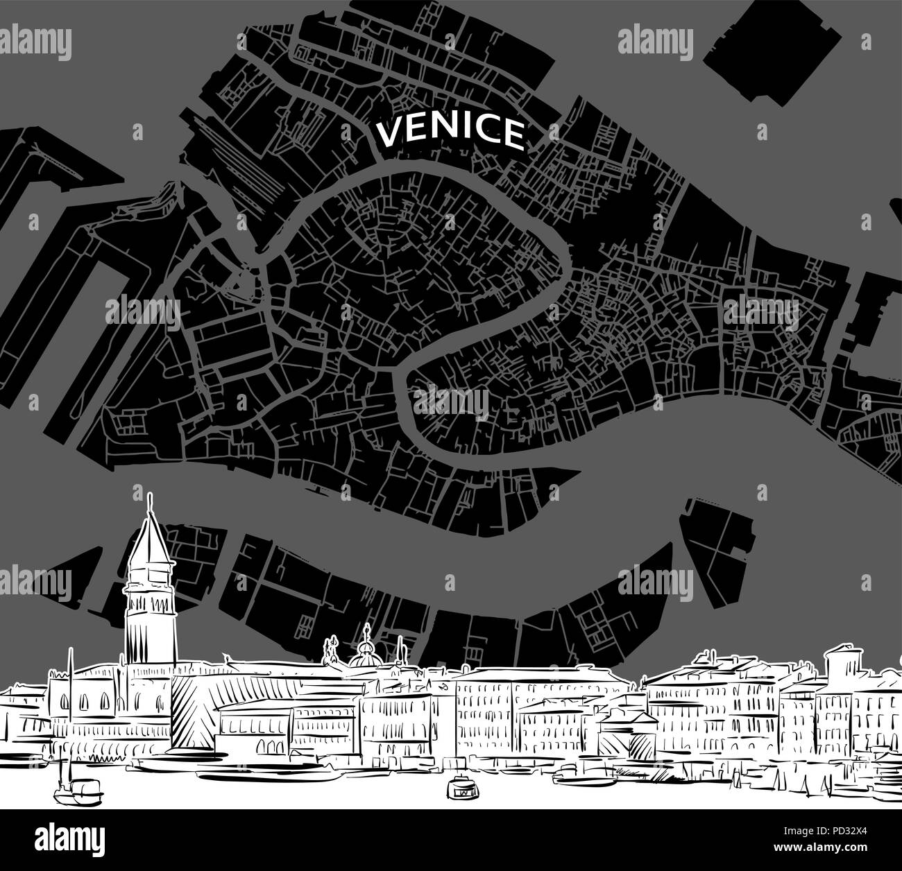 Mano bozzetto di Venezia il cibo. Vettore di disegno della skyline con mappa, Italia. Bianco e nero illustrazione del concetto. Illustrazione Vettoriale
