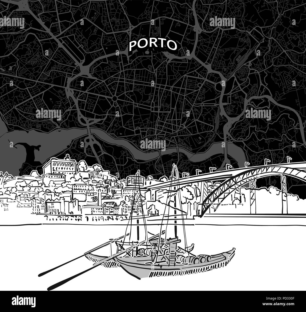 Mano bozzetto di Porto il cibo. Vettore di disegno della Skyline, Portogallo. Bianco e nero illustrazione del concetto. Illustrazione Vettoriale
