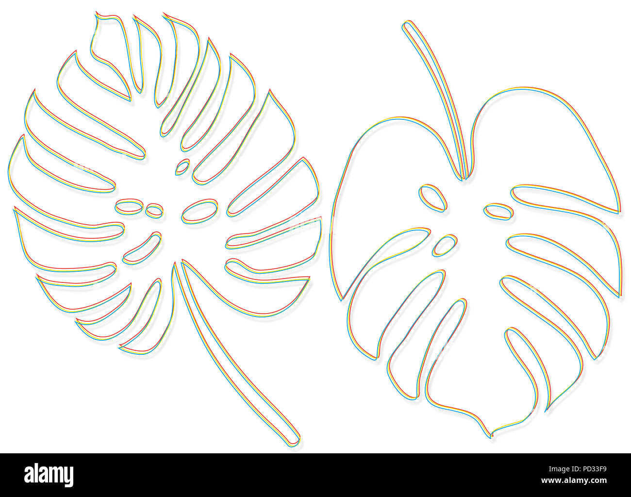 Un contorno disegnare delle foglie di monstera in tre colori: rosso, giallo e blu. Grafico su uno strato separato, isolato su uno sfondo bianco con ombra Foto Stock