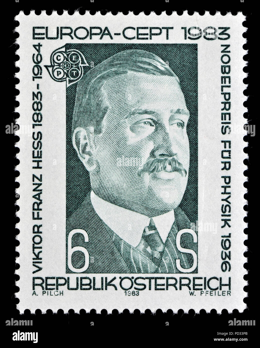 Austrian francobollo (1983) : Victor Franz Hess (1883 - 1964) Austrian-American fisico, Nobel per la fisica, scoprì i raggi cosmici. Foto Stock