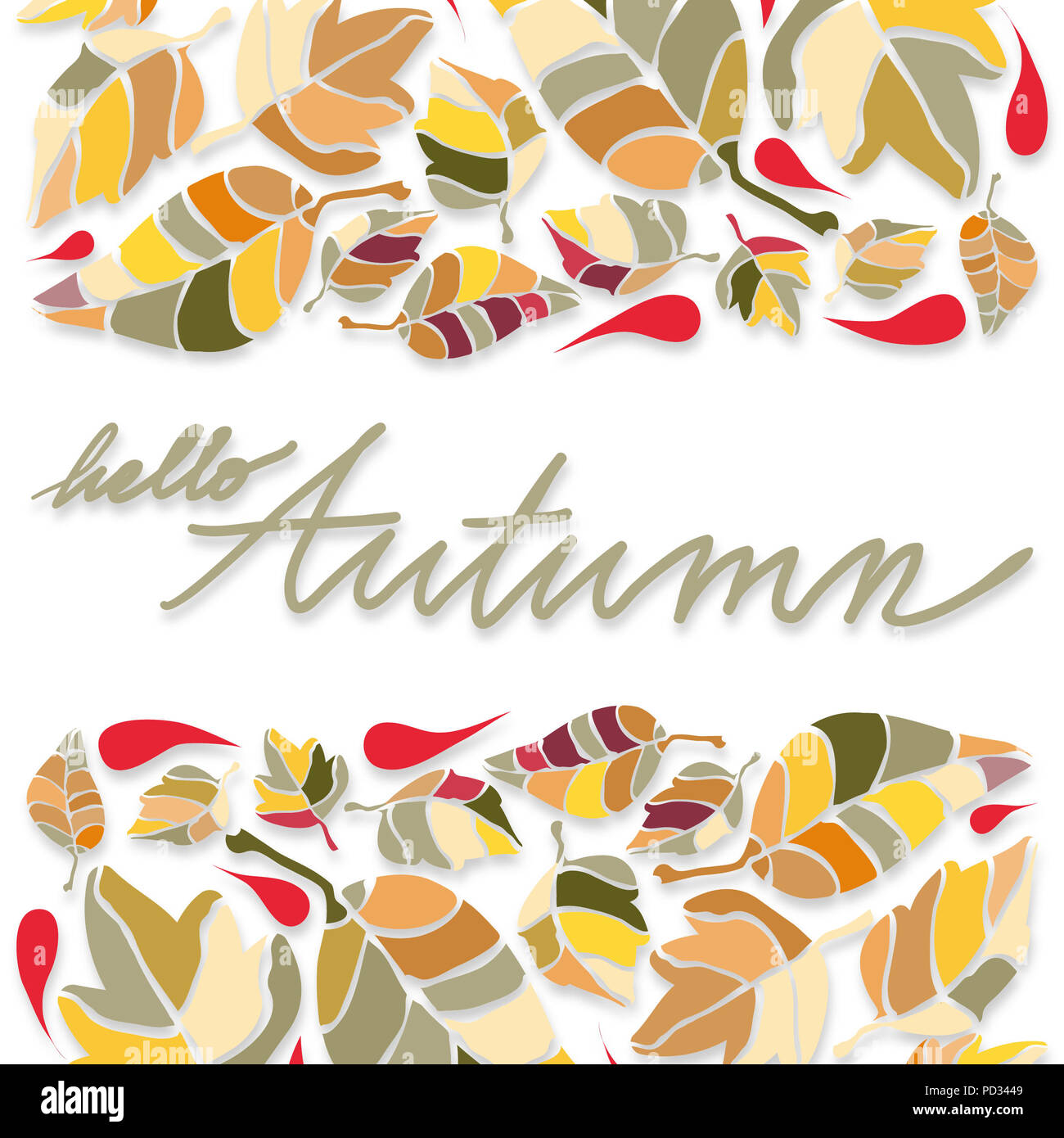 Illustrazione multicolore di foglie, fogliame e gocce e le parole "Ciao Autunno" in medio, con effetto ombra e su sfondo bianco Foto Stock