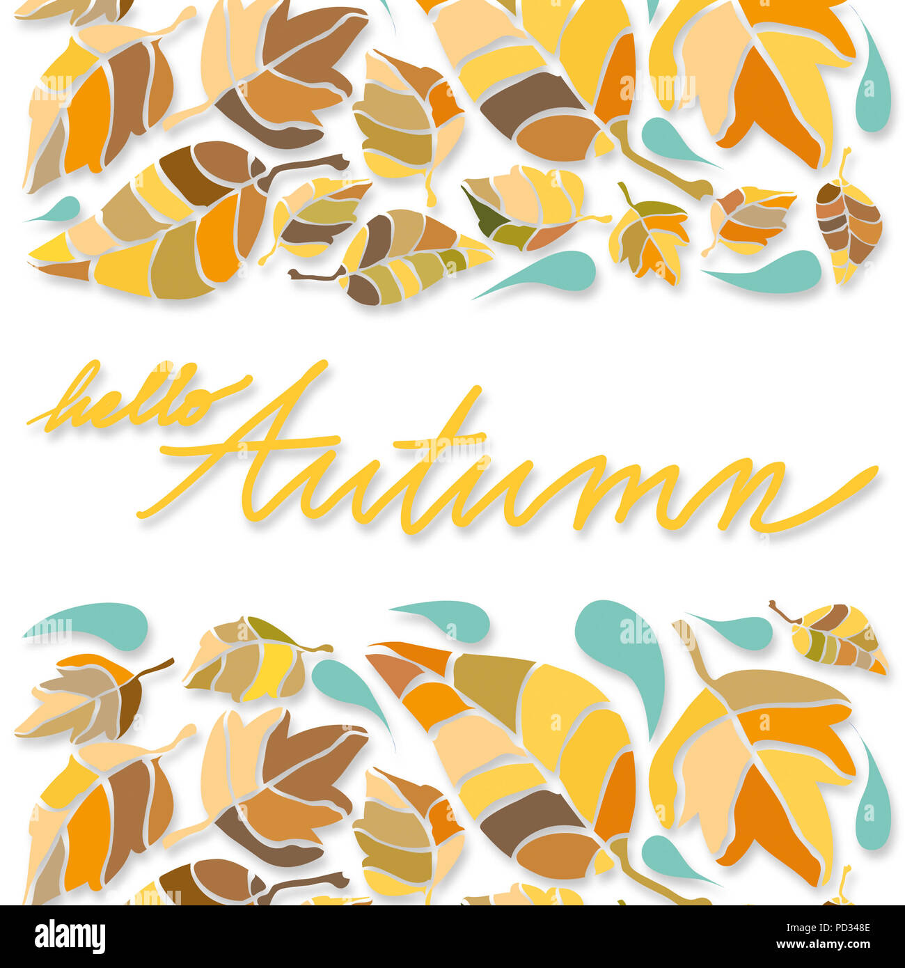 Illustrazione di foglie, fogliame, in caldi colori, sfumature di beige e marrone e scende in calde tonalità turchese, isolato blu su sfondo bianco Foto Stock