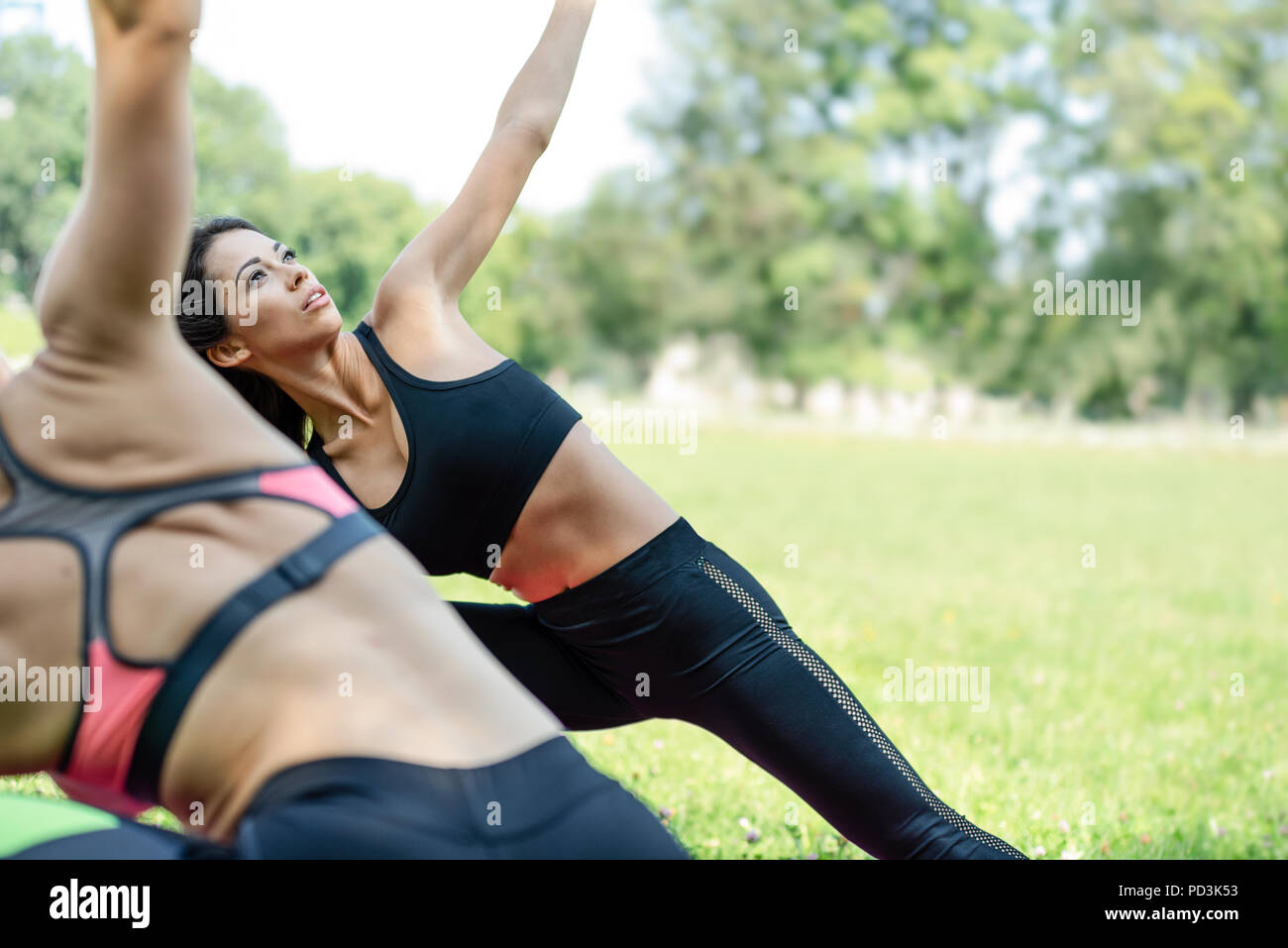 Due belle giovani donne facendo esercizi yoga nel parco in una giornata di sole in close-up (copia spazio). Foto Stock