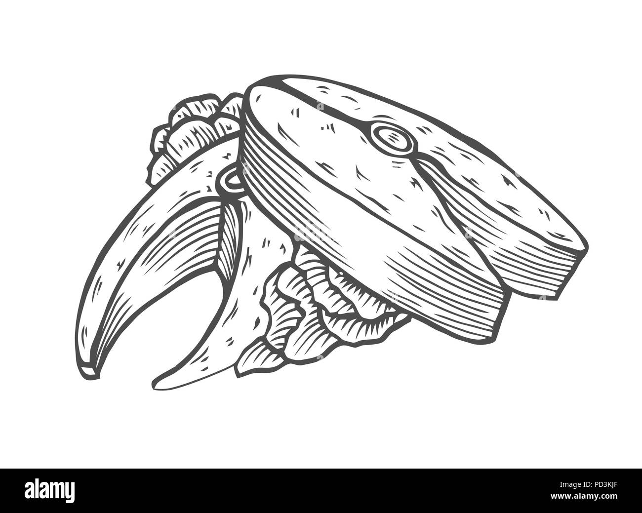 Porzione di tonno fritto pesce con verdure. In uno stile vecchia incisione, illustrazione di vettore isolato su sfondo bianco Illustrazione Vettoriale