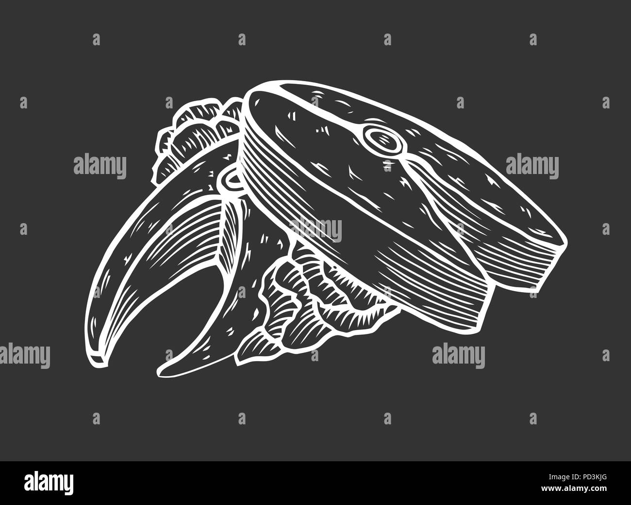 Porzione di tonno fritto pesce con verdure. In uno stile vecchia incisione, illustrazione di vettore isolato su sfondo nero Illustrazione Vettoriale