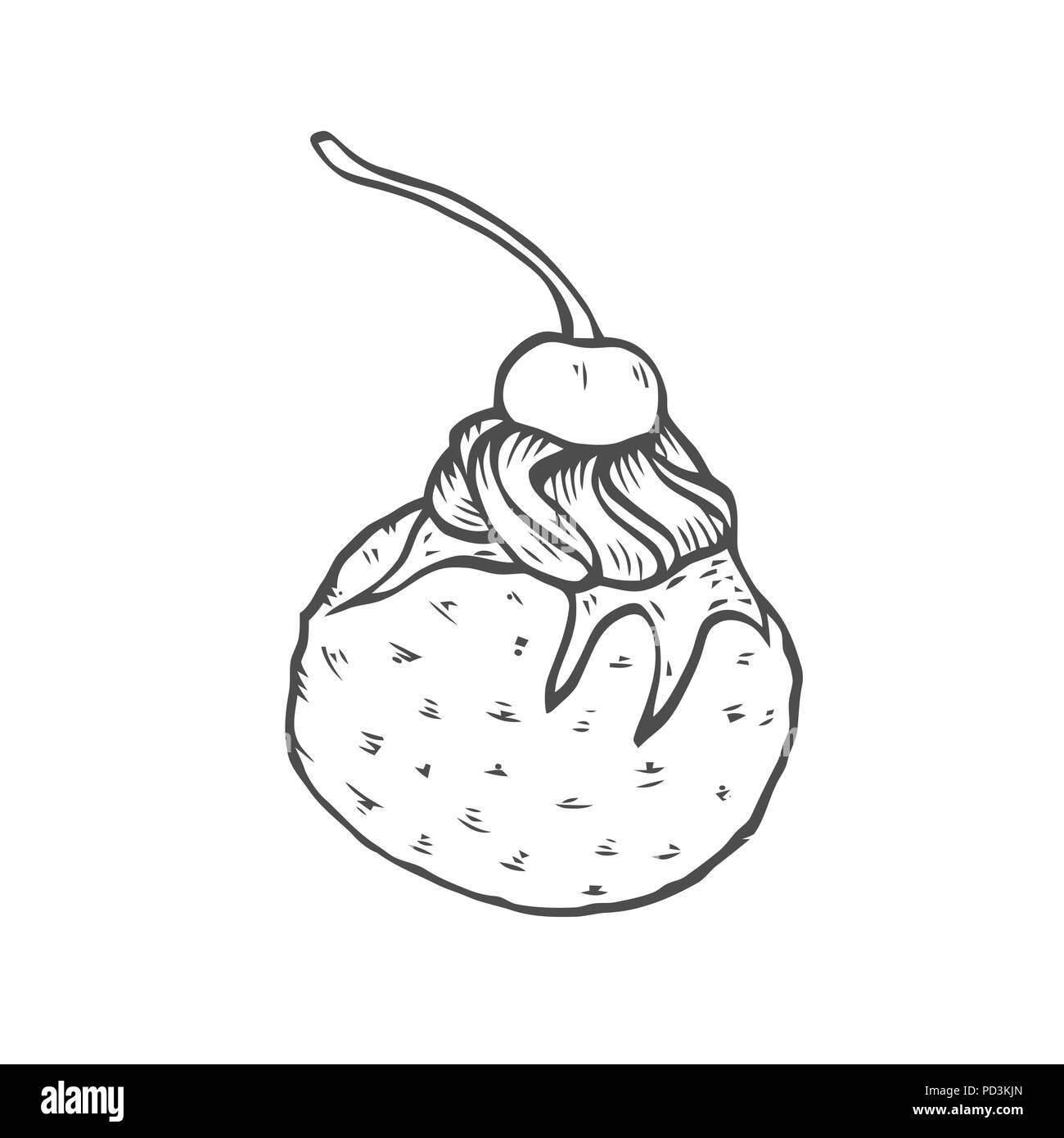 Disegnato a mano e belgianwaffle big ice cream ball. Vettore illustrazione stock. Negozio di dolci di raccolta. Schizzo in bianco e nero. Isolato su bianco Illustrazione Vettoriale