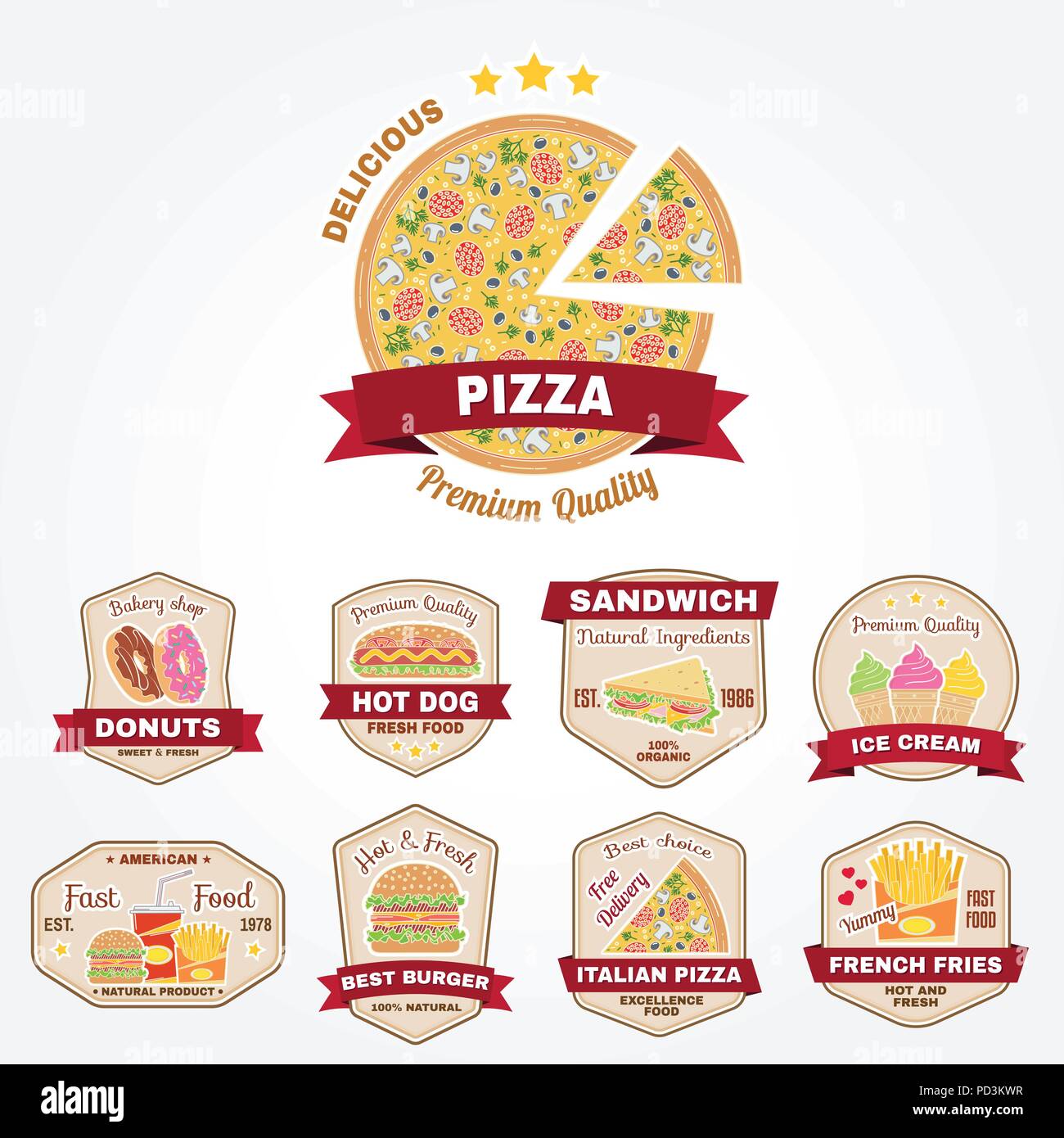 Set di fast food scudetti, banner o loghi, emblemi. Gli elementi sul tema del ristorante business. Illustrazione Vettoriale. Illustrazione Vettoriale