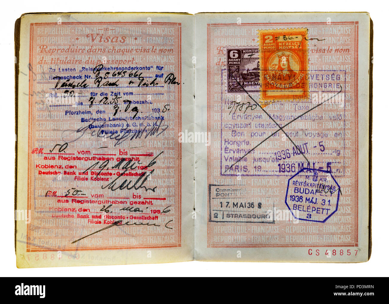 1935's vintage passaporto francese, pagine con tedesco e ungherese 1936 visti timbri marchi, Foto Stock